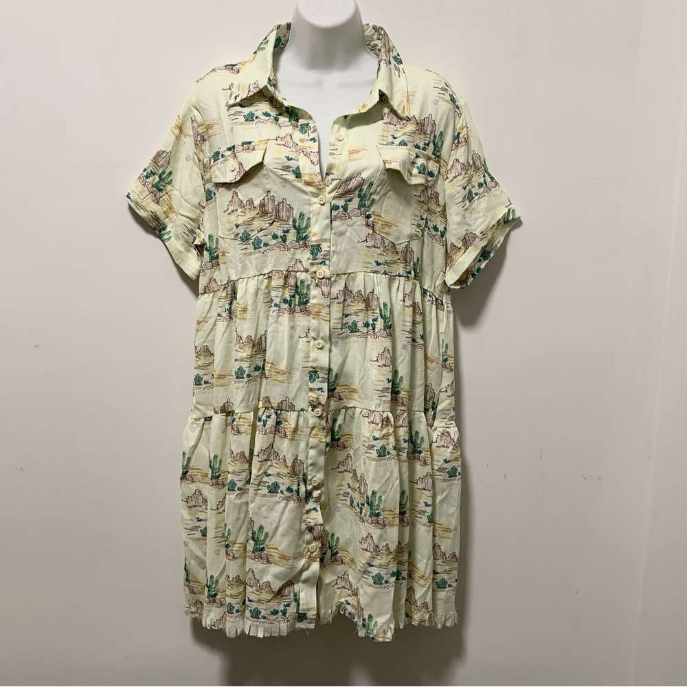 Merigold Kiss Flowy Cuctus Print Sundress with Polo Collar and Cuffed Sleeves